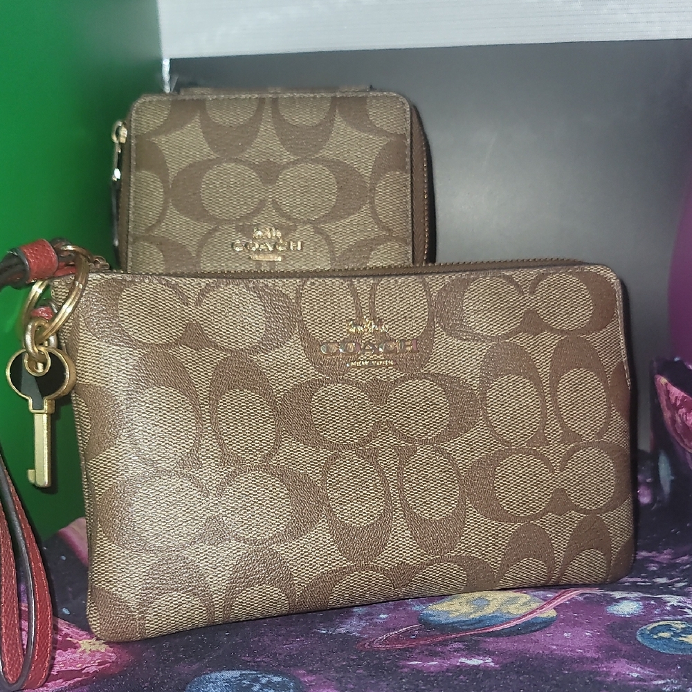 Coach Tan and Brown Signature Wristlet Set.